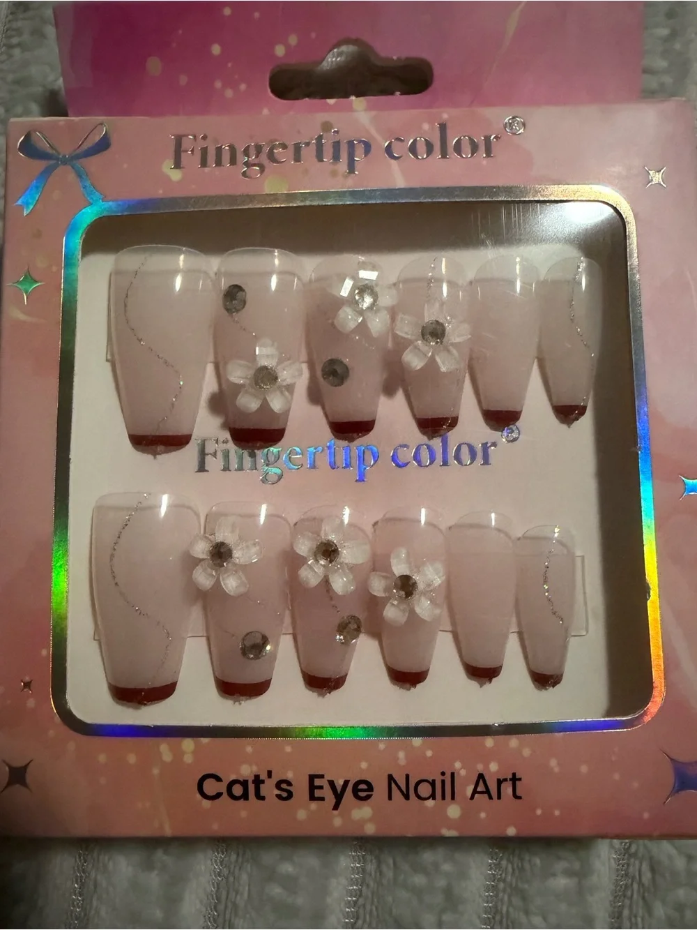 Pink Floral Cat's Eye Press-On Nails